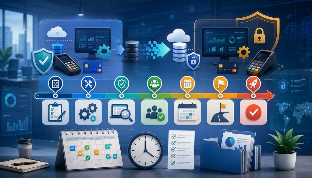 Payment processor switch timeline with migration stages, security, testing, and launch icons